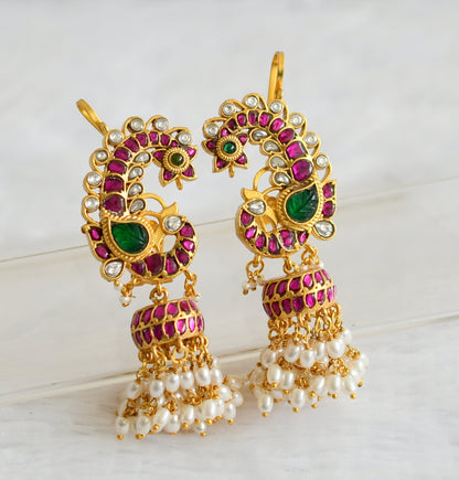Matte finish pink-green-white kundan jadau peacock rice pearl jhumkka dj-50711