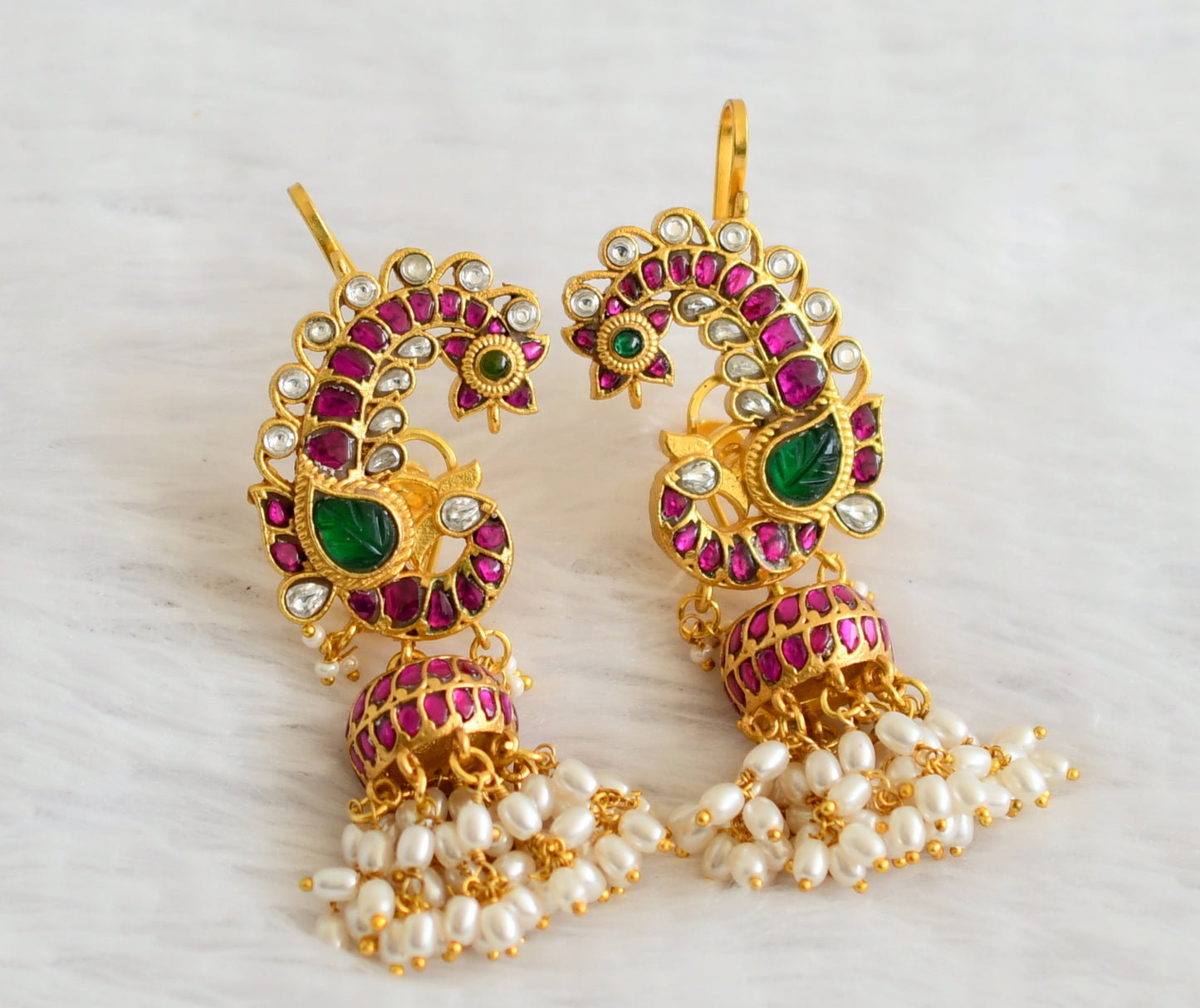 Matte finish pink-green-white kundan jadau peacock rice pearl jhumkka dj-50711