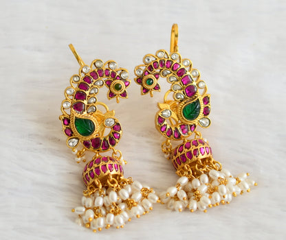 Matte finish pink-green-white kundan jadau peacock rice pearl jhumkka dj-50711