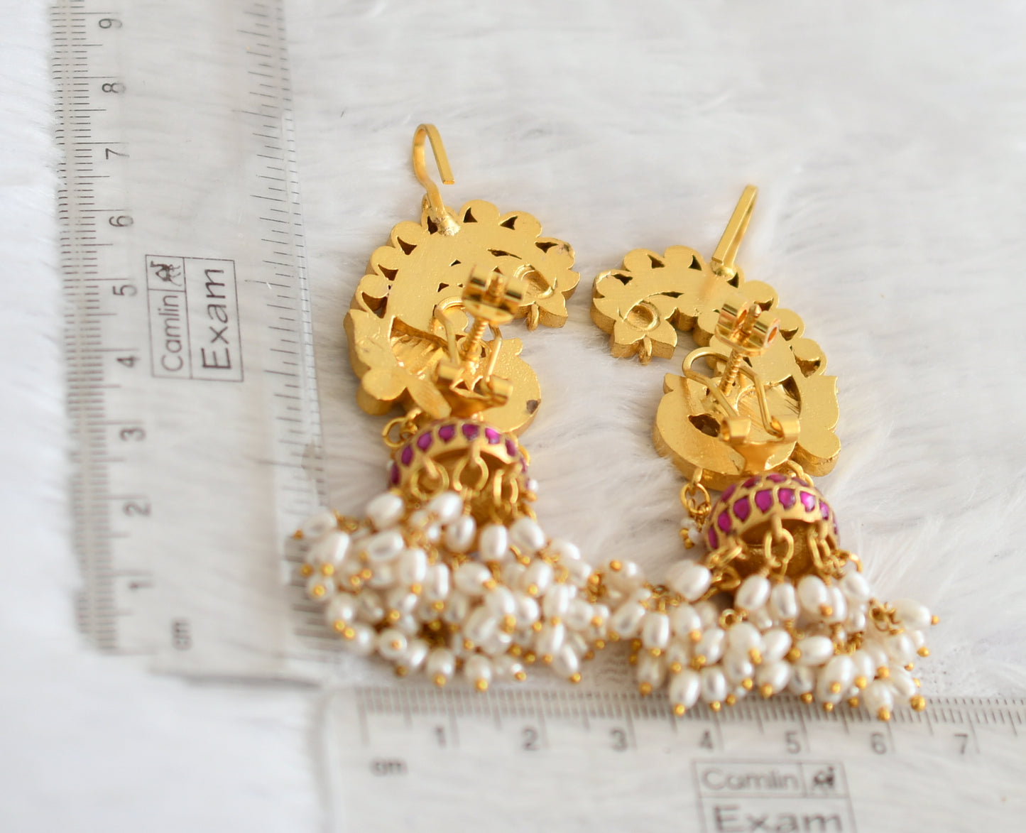 Matte finish pink-green-white kundan jadau peacock rice pearl jhumkka dj-50711