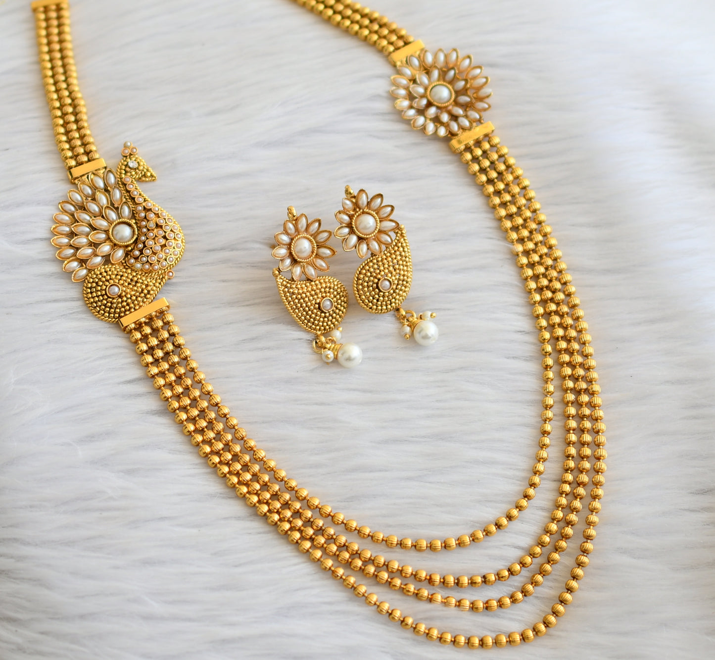 Antique Pearl Peacock Mugappu Multilayer Necklace Set-dj04359