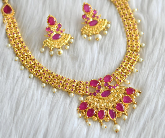Gold tone cz-ruby pearl necklace set dj-02023
