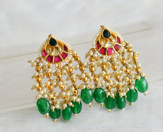 Gold tone pink-green-white kundan jadau green bead earrings dj-50713