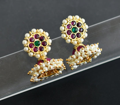 Gold tone Semi precious Kemp-green Pearl Screw Back Jhumkka -dj14753