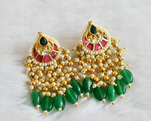 Gold tone pink-green-white kundan jadau green bead earrings dj-50713