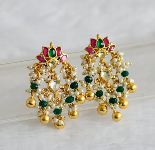 Gold tone pink-green kundan jadau lotus green bead earrings dj-50719