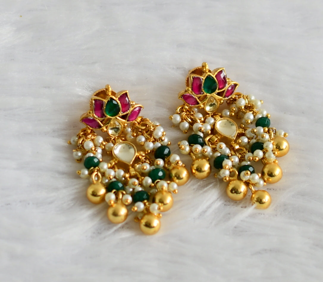 Gold tone pink-green kundan jadau lotus green bead earrings dj-50719