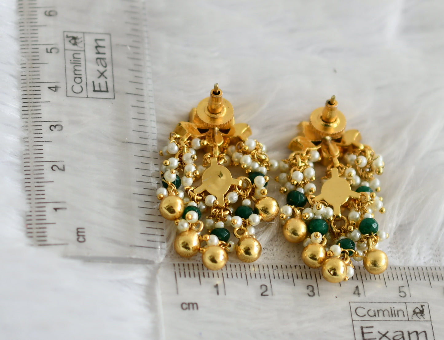 Gold tone pink-green kundan jadau lotus green bead earrings dj-50719