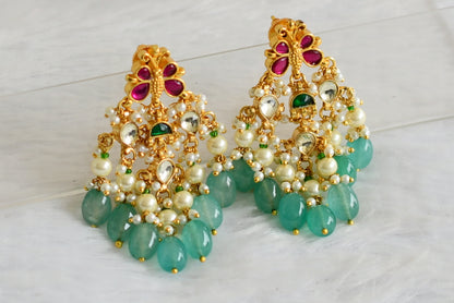 Gold tone pink-green-white kundan jadau green bead butterfly earrings dj-50718