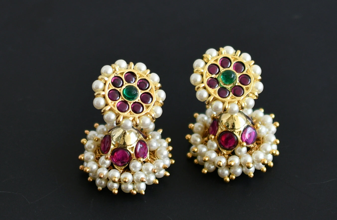 Gold tone Semi precious Kemp-green Pearl Screw Back Jhumkka -dj14753