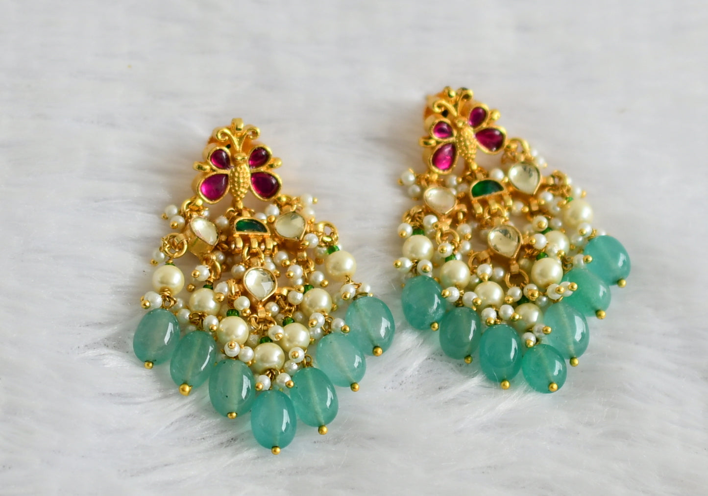 Gold tone pink-green-white kundan jadau green bead butterfly earrings dj-50718