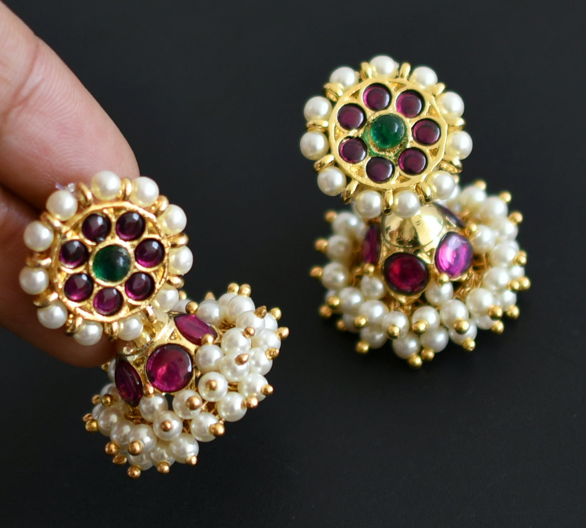 Gold tone Semi precious Kemp-green Pearl Screw Back Jhumkka -dj14753