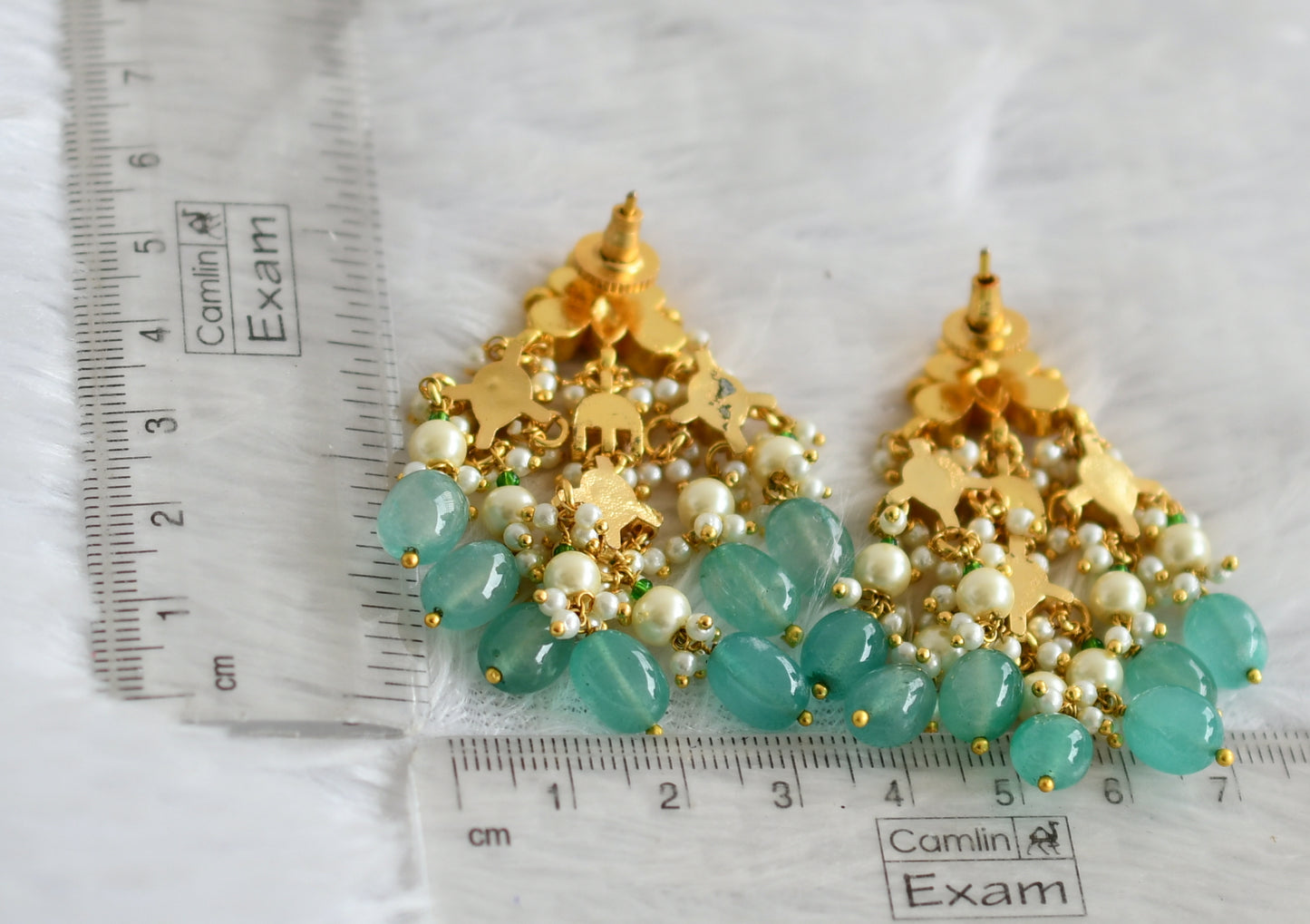 Gold tone pink-green-white kundan jadau green bead butterfly earrings dj-50718