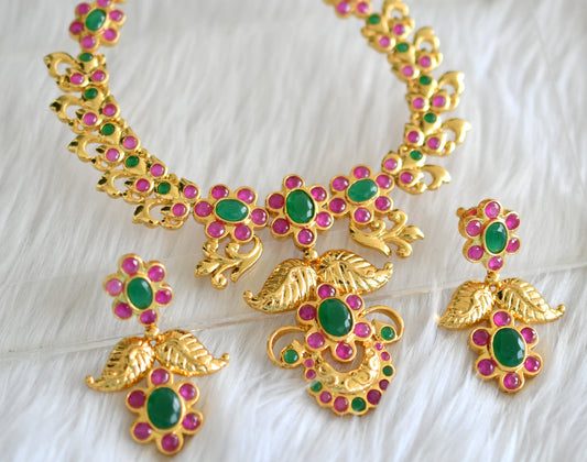 Gold tone ruby-emerald flower necklace set dj-02026
