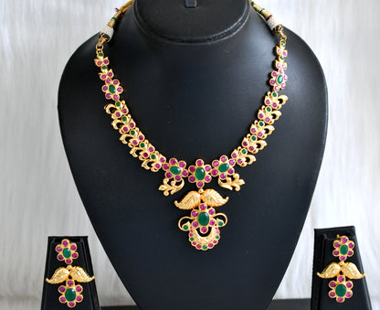 Gold tone ruby-emerald flower necklace set dj-02026