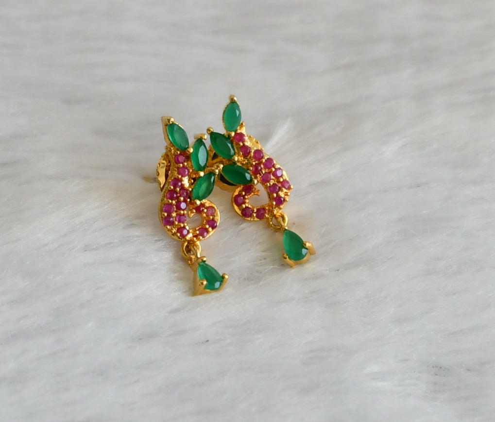 Gold tone ruby-green stone peacock earrings dj-47021