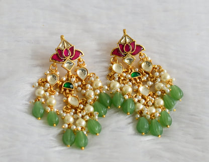 Gold tone pink-white kundan jadau green beaded lotus earrings dj-50714