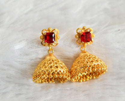 Gold tone red block stone jhumkka dj-48825