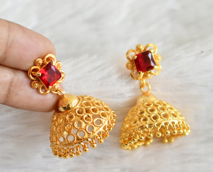 Gold tone red block stone jhumkka dj-48825