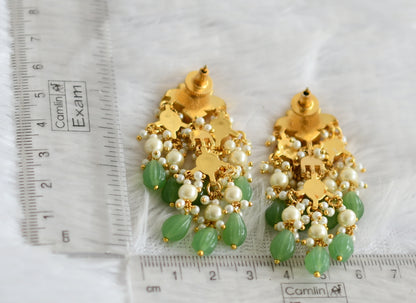 Gold tone pink-white kundan jadau green beaded lotus earrings dj-50714