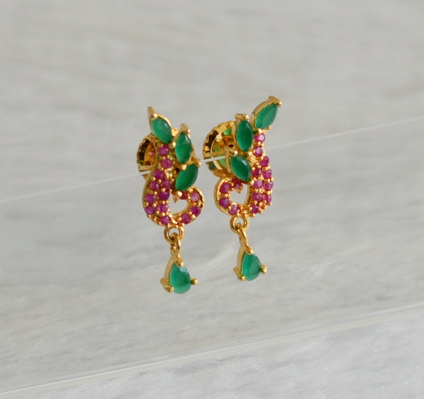 Gold tone ruby-green stone peacock earrings dj-47021