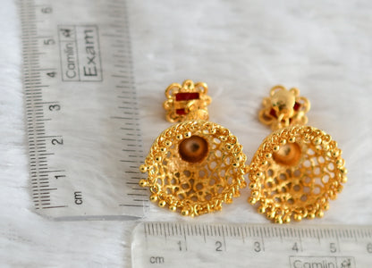 Gold tone red block stone jhumkka dj-48825