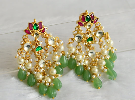 Gold tone pink-green-white kundan jadau green-pearl beaded lotus earrings dj-50715