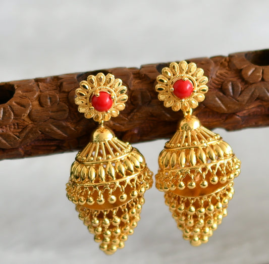 Gold tone coral stone step jhumkka dj-48827