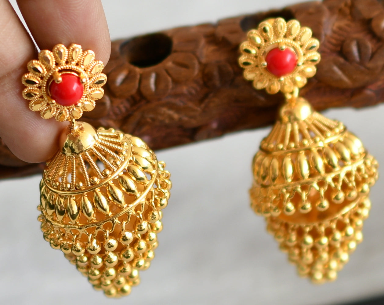 Gold tone coral stone step jhumkka dj-48827