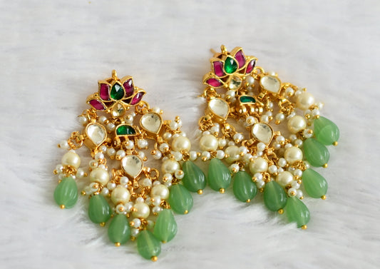 Gold tone pink-green-white kundan jadau green-pearl beaded lotus earrings dj-50715