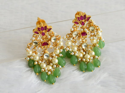 Gold tone pink-white kundan jadau green-pearl beaded lotus earrings dj-50716