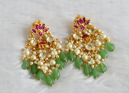 Gold tone pink-white kundan jadau green-pearl beaded lotus earrings dj-50716
