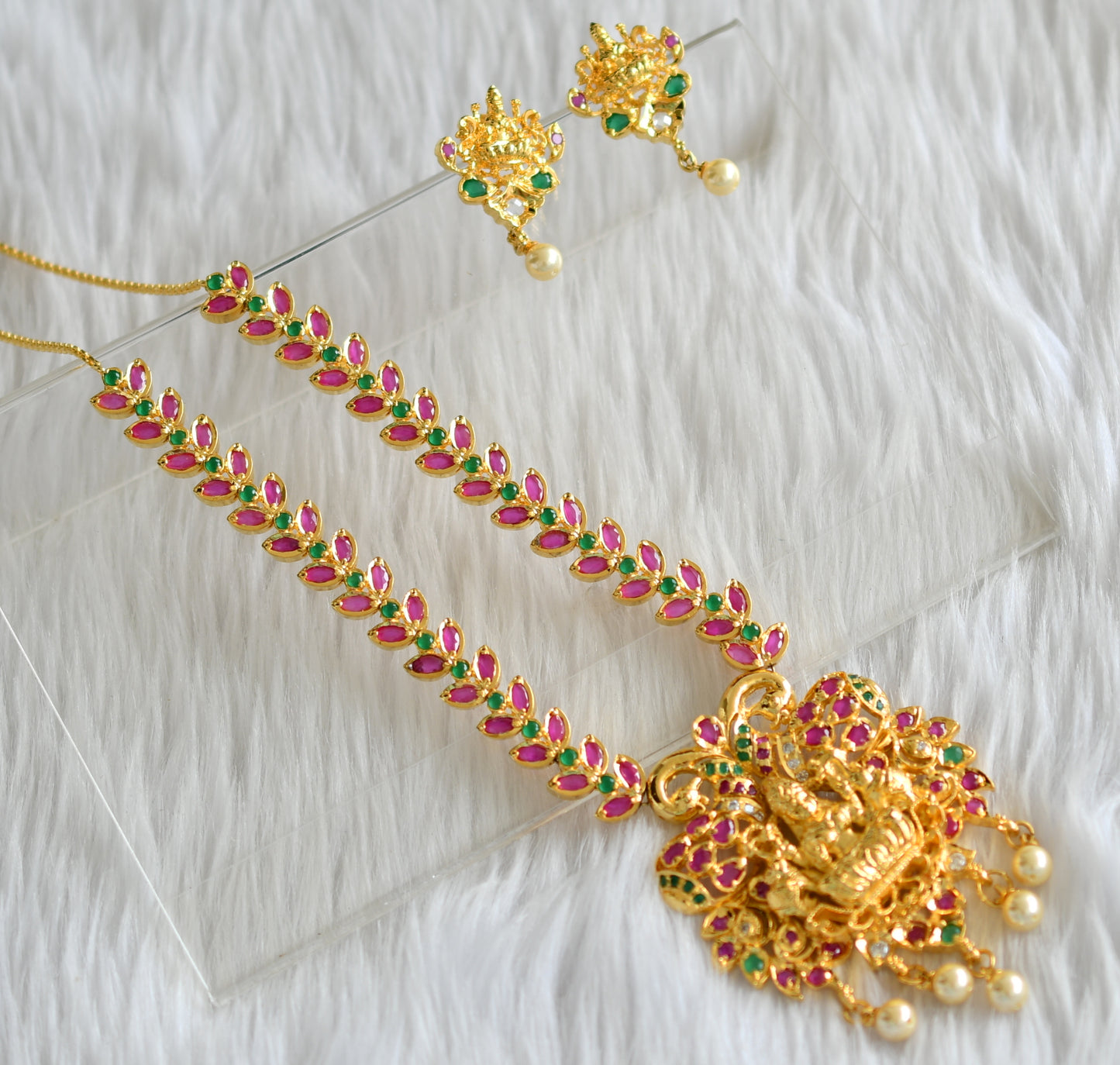 Gold tone ruby-emerald lakshmi necklace set dj-02030