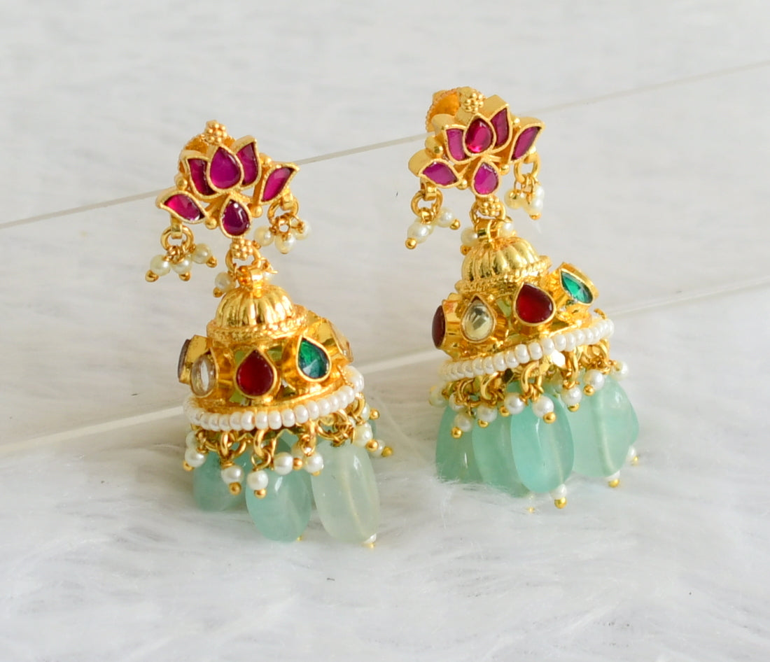 Gold tone pink-green-white kundan jadau lotus green beaded jhumkka dj-50712