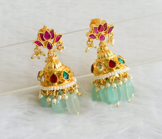 Gold tone pink-green-white kundan jadau lotus green beaded jhumkka dj-50712