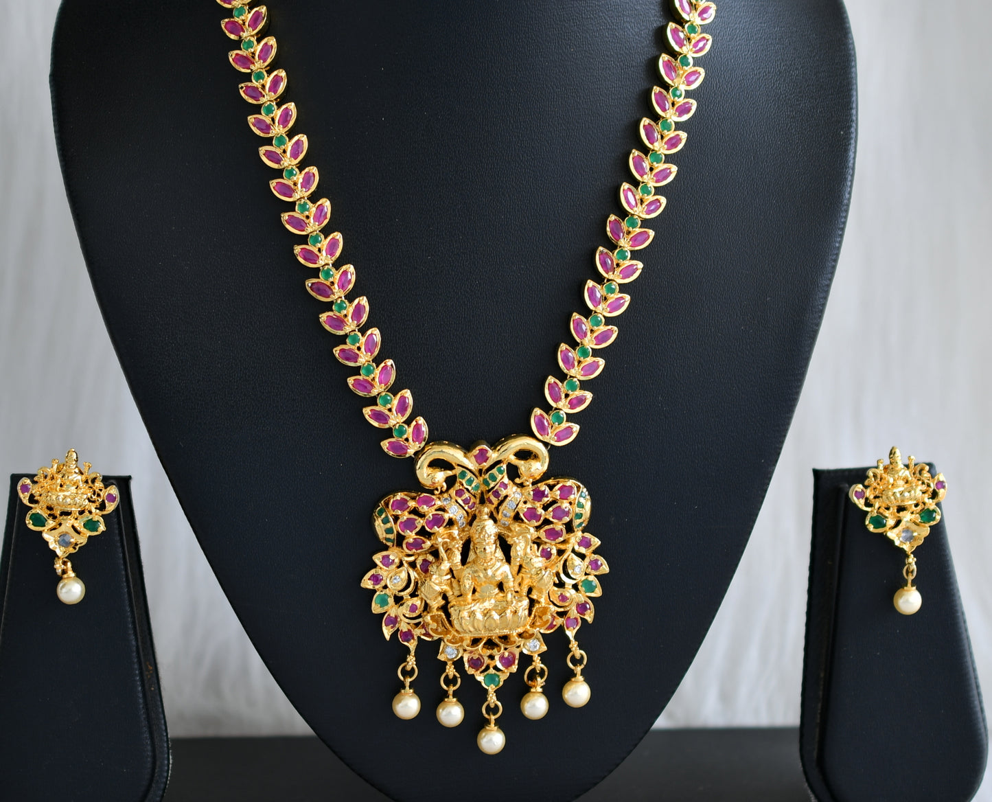 Gold tone ruby-emerald lakshmi necklace set dj-02030