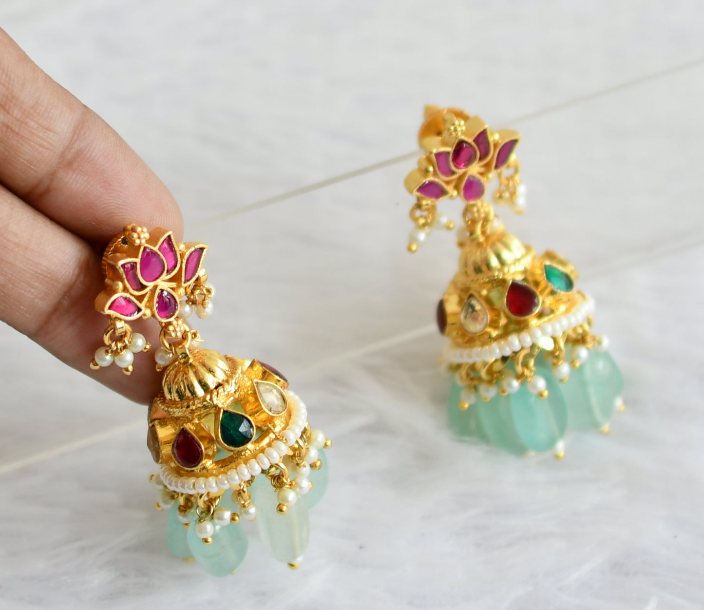Gold tone pink-green-white kundan jadau lotus green beaded jhumkka dj-50712