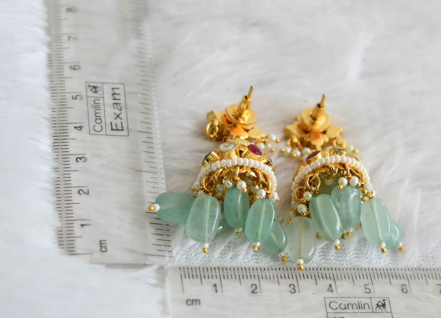 Gold tone pink-green-white kundan jadau lotus green beaded jhumkka dj-50712