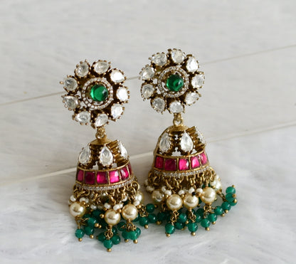 Antique pink-green-white stone green-pearl beaded jhumkka dj-50720