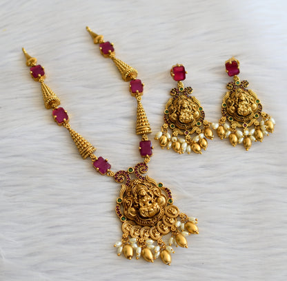 Matte finish ruby-green rice pearl lakshmi peacock block stone necklace set dj-45342