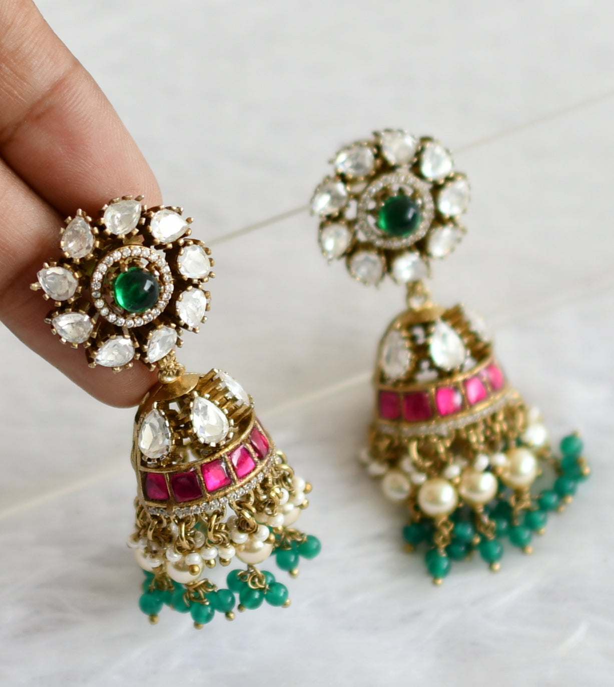 Antique pink-green-white stone green-pearl beaded jhumkka dj-50720