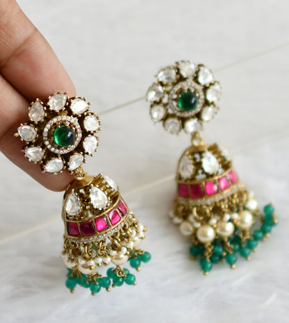 Antique pink-green-white stone green-pearl beaded jhumkka dj-50720