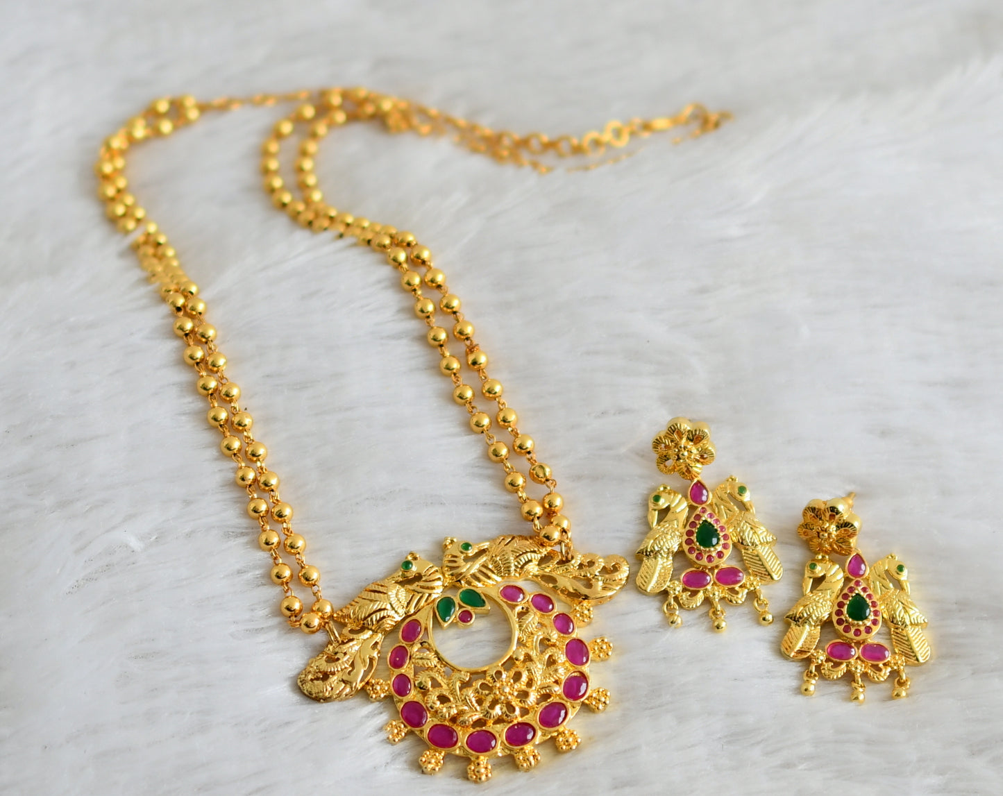 Gold tone ruby-green peacock necklace set dj-48830