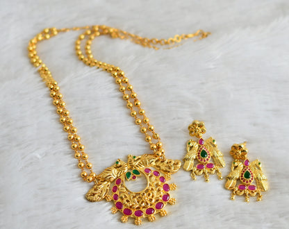 Gold tone ruby-green peacock necklace set dj-48830