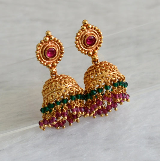 Gheru finish kemp stone ruby-green beaded jhumkka dj-47037