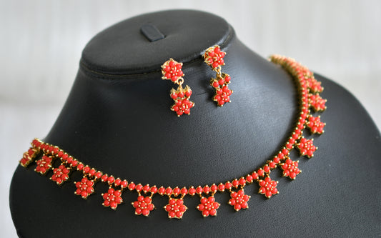Gold tone coral stone flower necklace set dj-43723