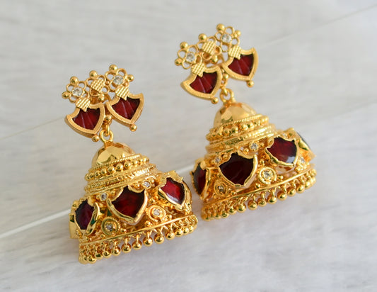 Gold tone kerala style red-white stone palakka jhumkka dj-47038