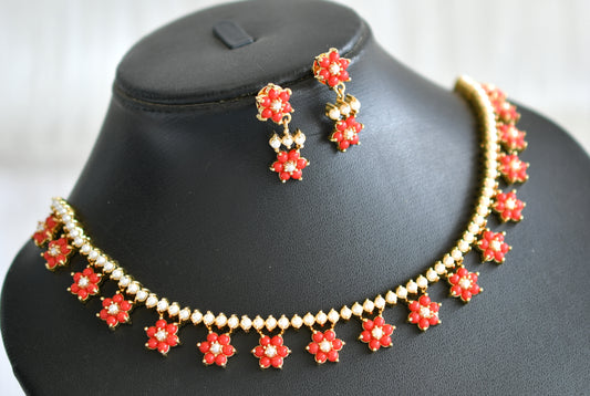 Gold tone pearl-coral stone flower necklace set dj-43724
