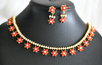 Gold tone pearl-coral stone flower necklace set dj-43724