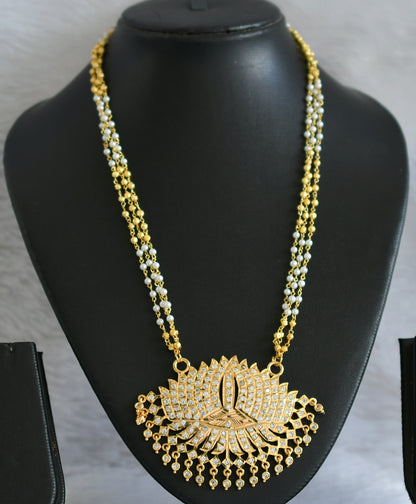 Gold tone 18 inches gold-pearl bead multi layer chain with ad white lotus pendant dj-47039